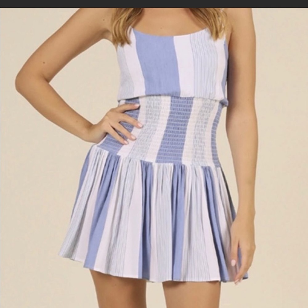 Ocean Drive Fiji Blue Striped, Smocked Ruffle Mini Dress, Size Small